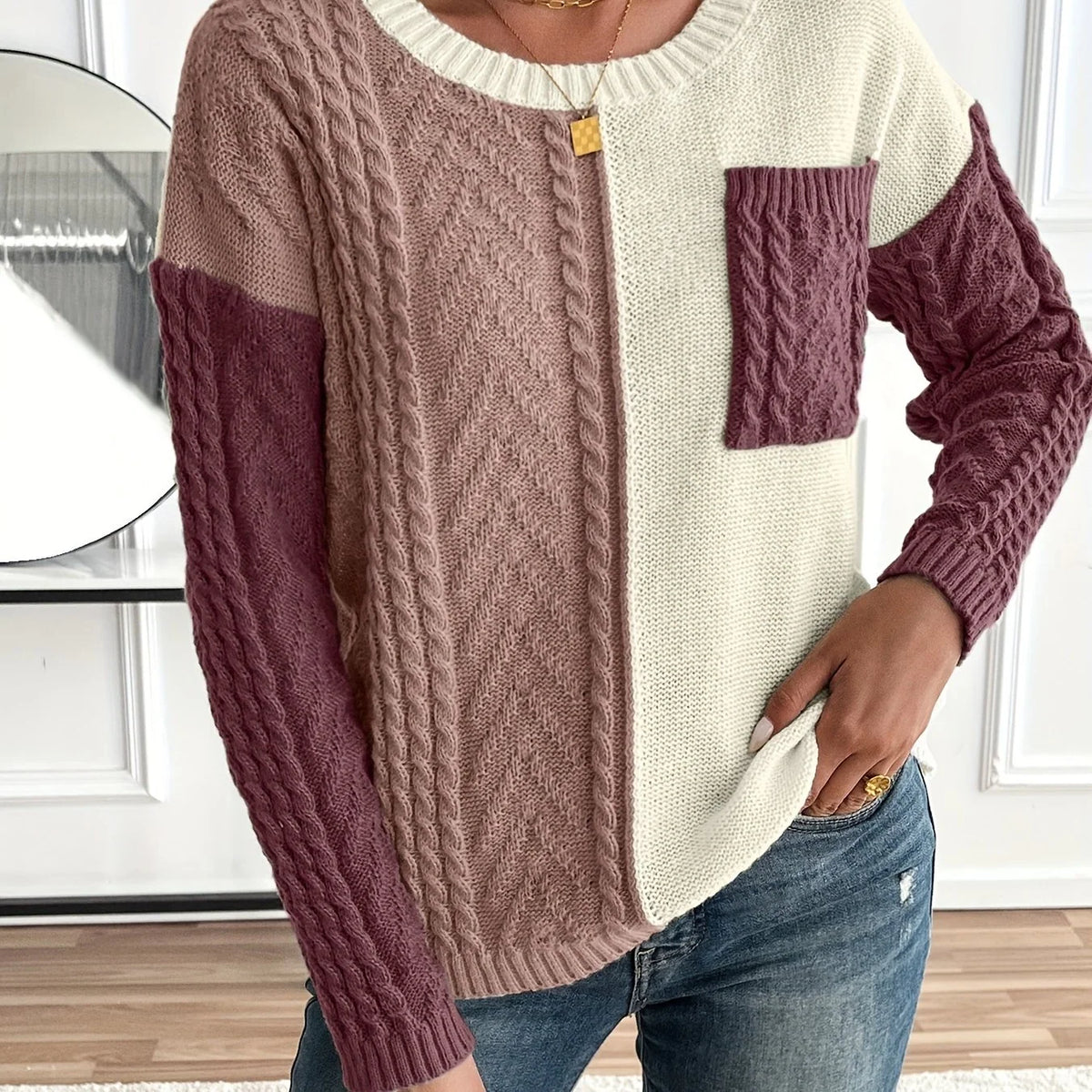 Esme | Women's Color Block Cable Knit Sweater 6