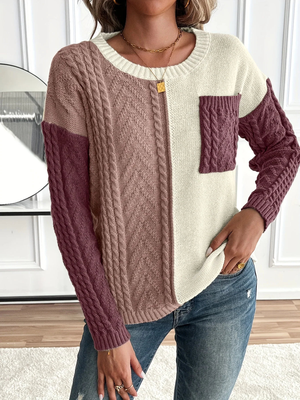 Esme | Women's Color Block Cable Knit Sweater 8