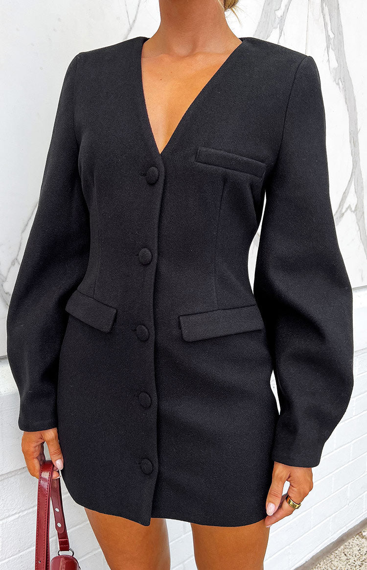 Feyre | Women's Black Blazer Mini Dress with V-Neckline 1