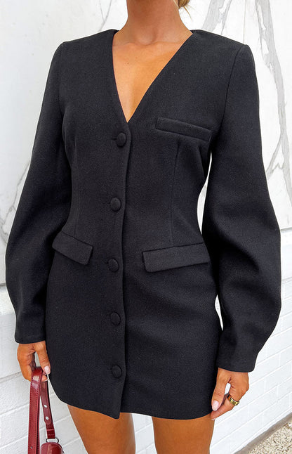Feyre | Women's Black Blazer Mini Dress with V-Neckline 1