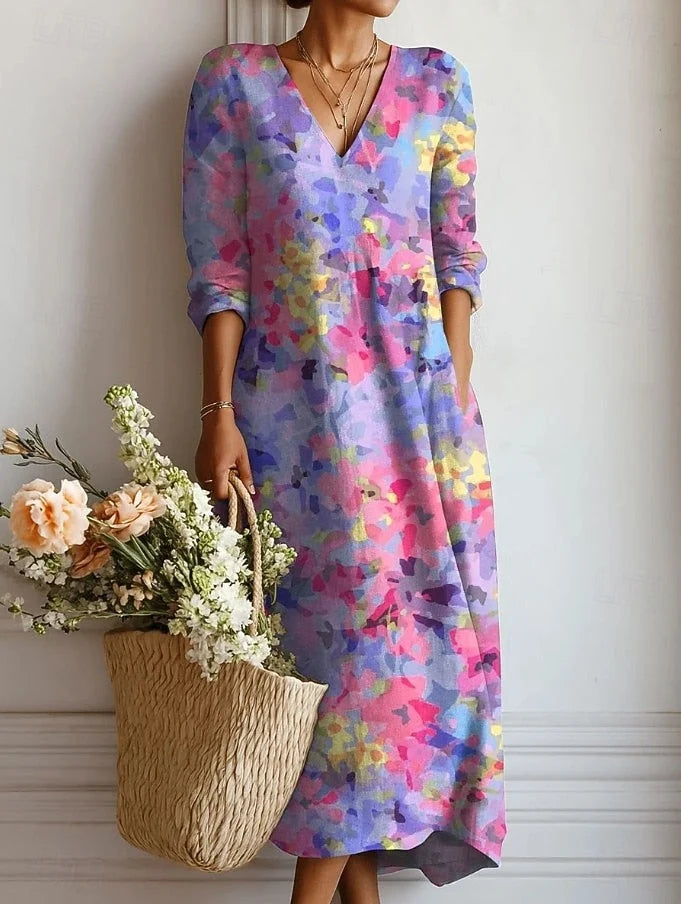 Floral Midi Dress | Women's V-Neck Long Sleeve Dress 0