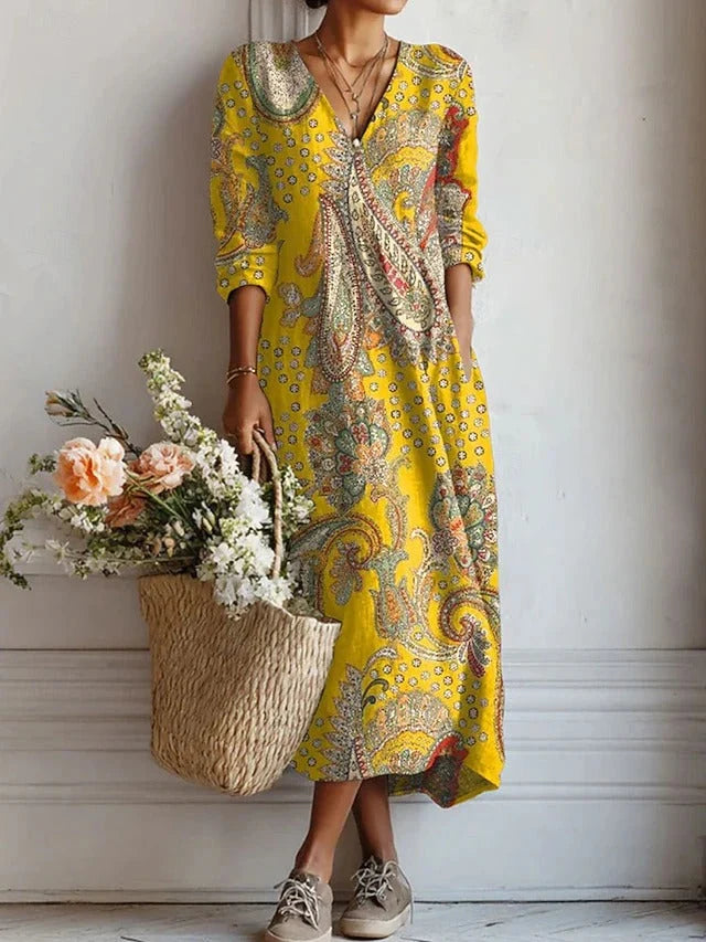 Floral Midi Dress | Women's V-Neck Long Sleeve Dress 1