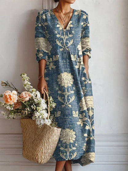Floral Midi Dress | Women's V-Neck Long Sleeve Dress 2