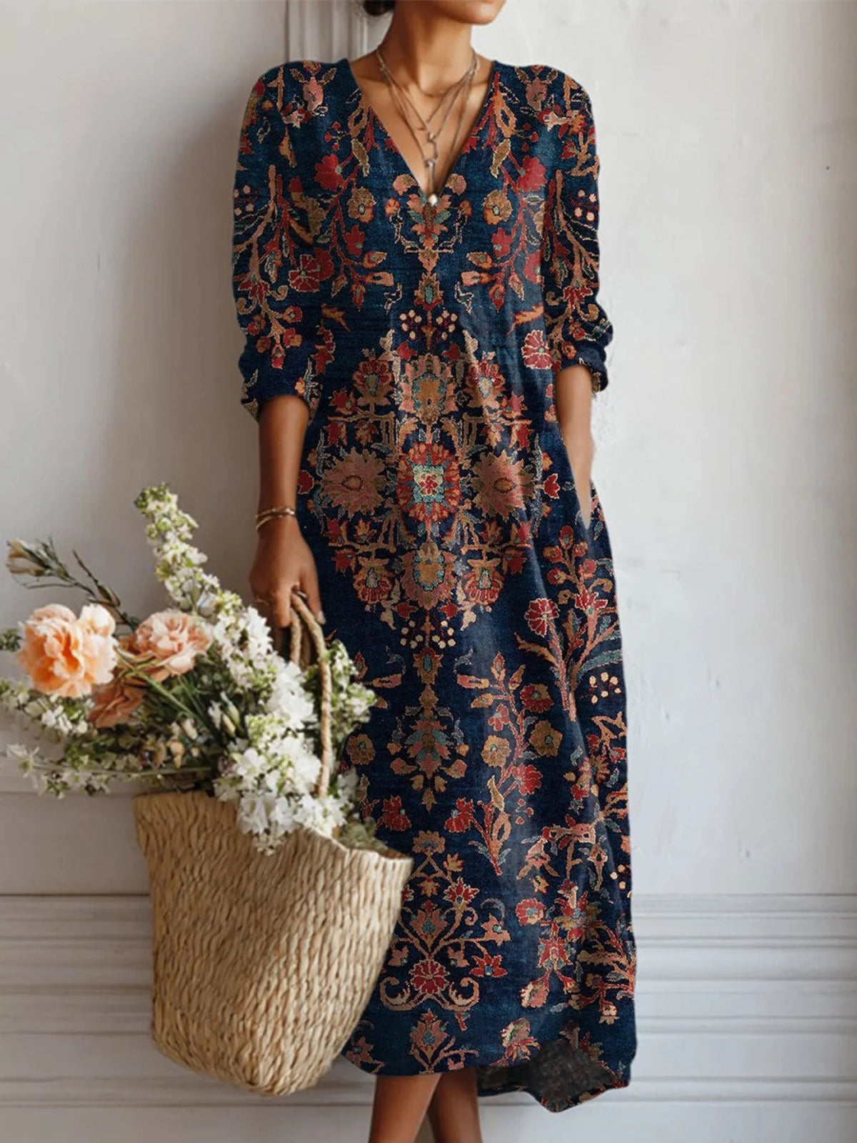 Floral Midi Dress | Women's V-Neck Long Sleeve Dress 3