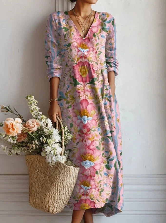 Floral Midi Dress | Women's V-Neck Long Sleeve Dress 4