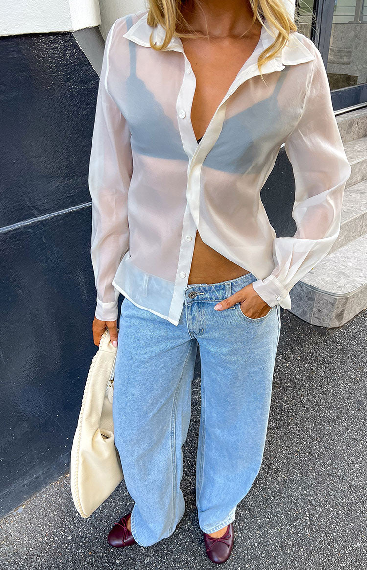 Goldie | Women's Sheer Button-Up Shirt Long Sleeve Cream 0