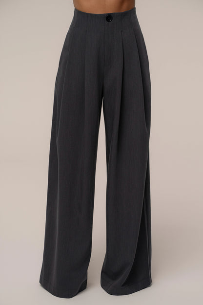 Grey High-Waisted Wide Leg Trousers | Pleated Pants 1