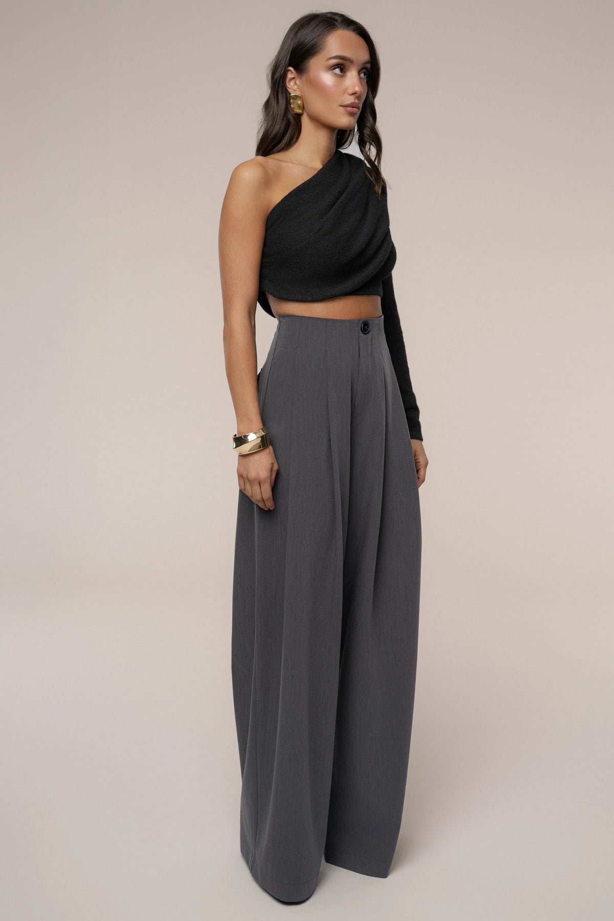 Grey High-Waisted Wide Leg Trousers | Pleated Pants 3