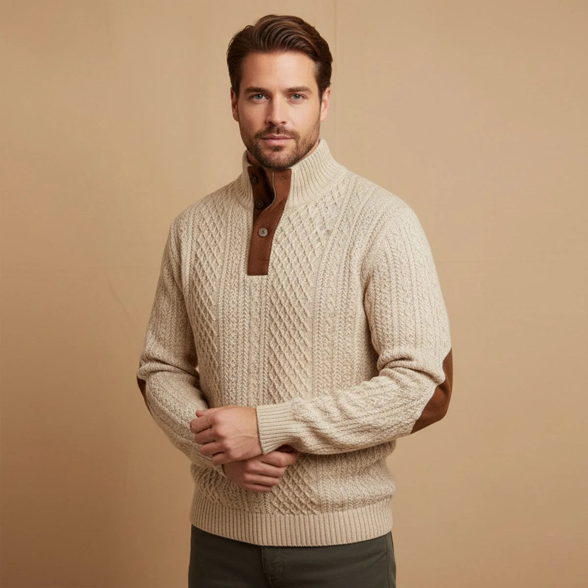 Haverhill | Men's High Neck Jumper | Cable-Knit Sweater with Elbow Patches 6
