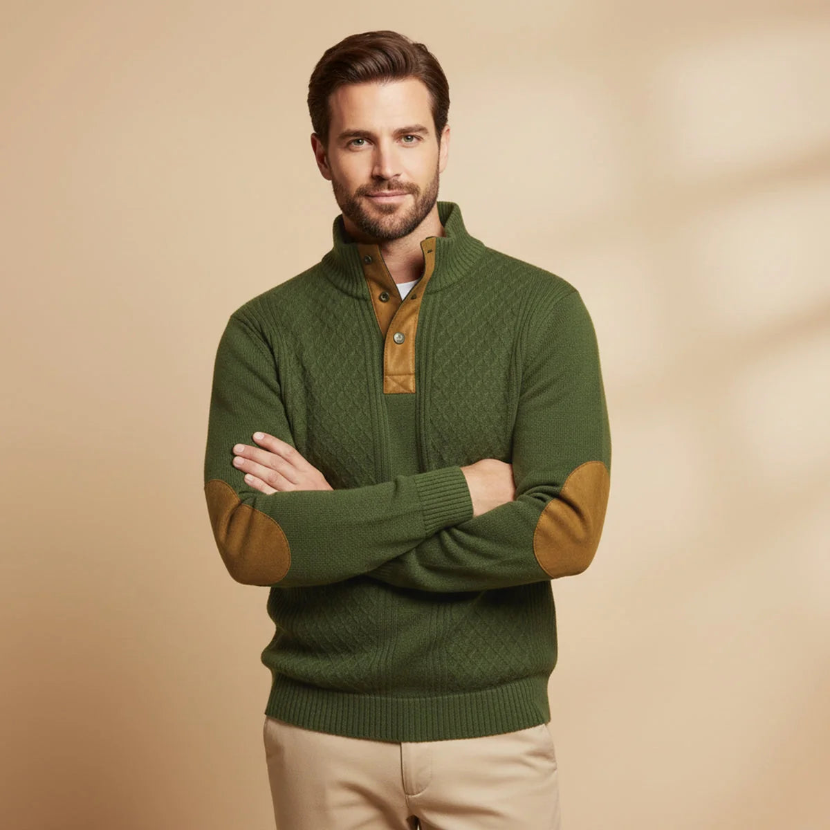 Haverhill | Men's High Neck Jumper | Cable-Knit Sweater with Elbow Patches 8