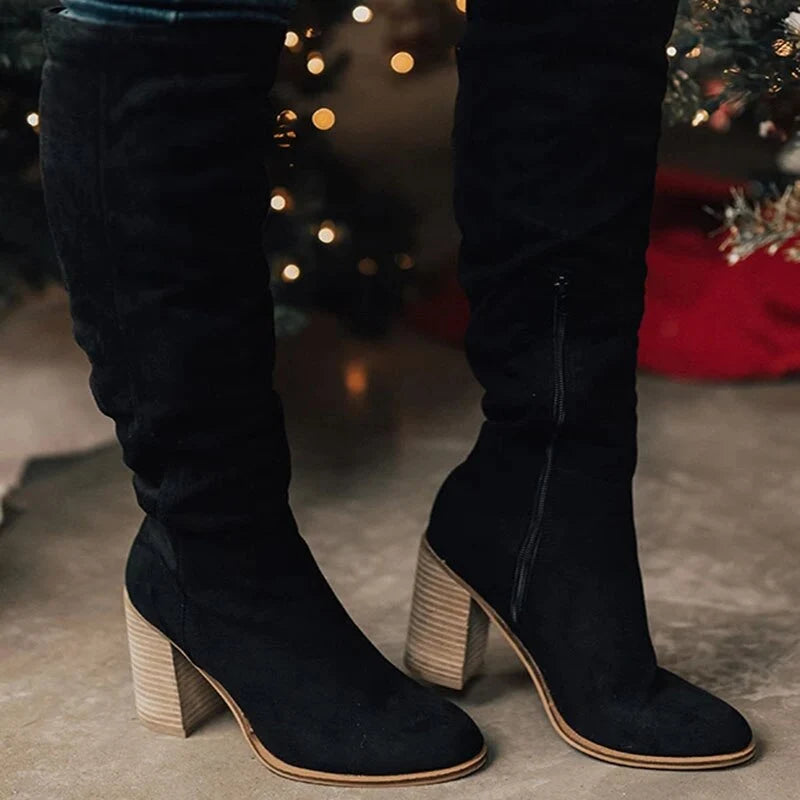 High-Heeled Knee Boots Women Suede Black 0