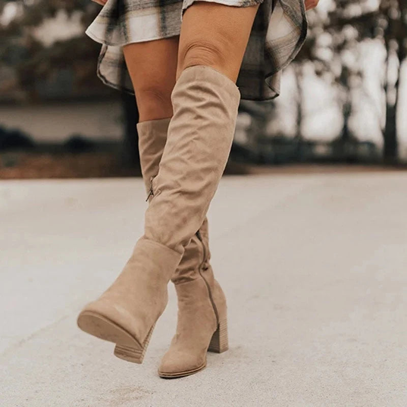 High-Heeled Knee Boots Women Suede Black 1