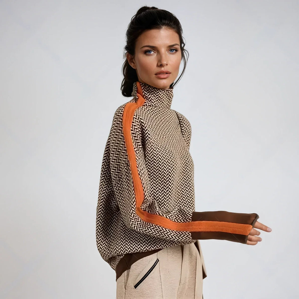 High-Neck Sweater with Contrasting Stripes | Women's Knitwear 0