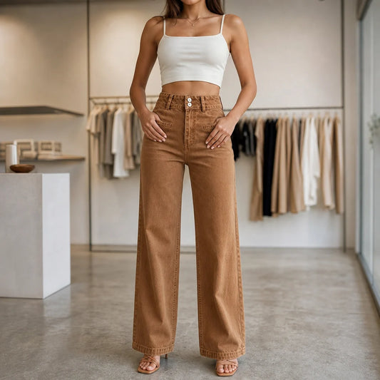 High-Waisted Wide Leg Jeans | Women's Double-Button Denim 0