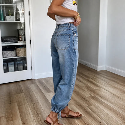 High Waist Barrel Leg Jeans | Adjustable Tie Hem Design 0