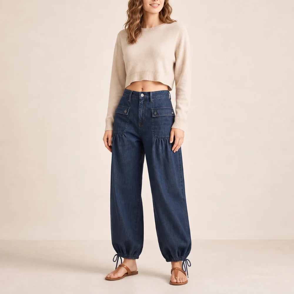 High Waist Barrel Leg Jeans | Adjustable Tie Hem Design 9
