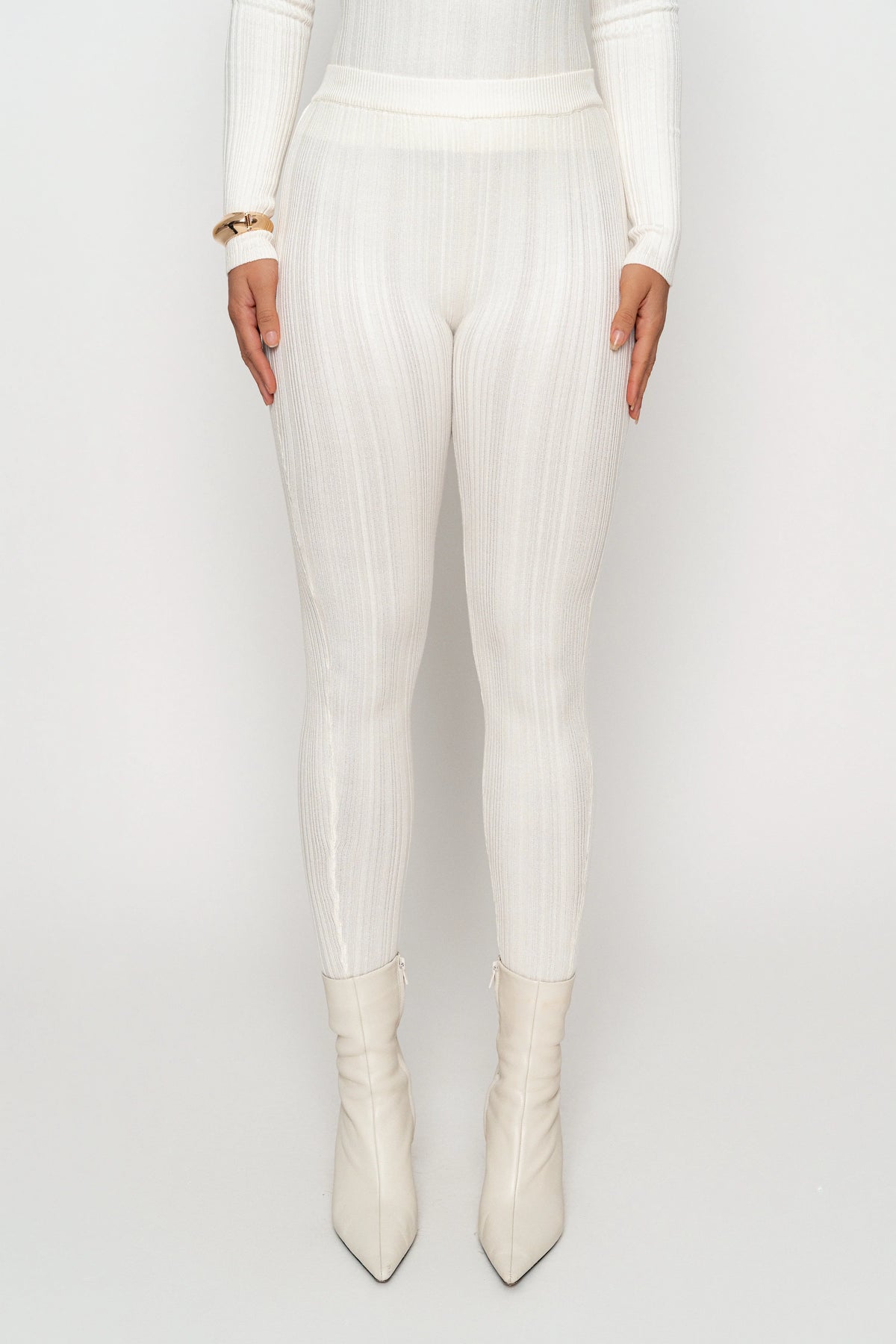 Ivory Ribbed High Waist Leggings | Women's Leggings Size S 2
