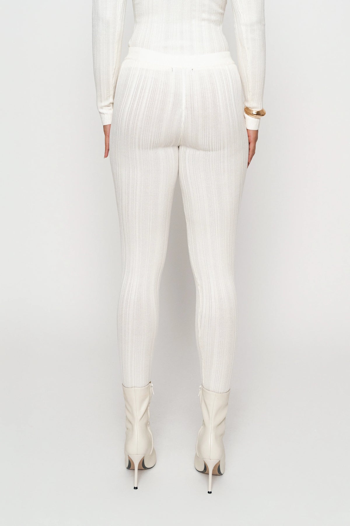 Ivory Ribbed High Waist Leggings | Women's Leggings Size S 3
