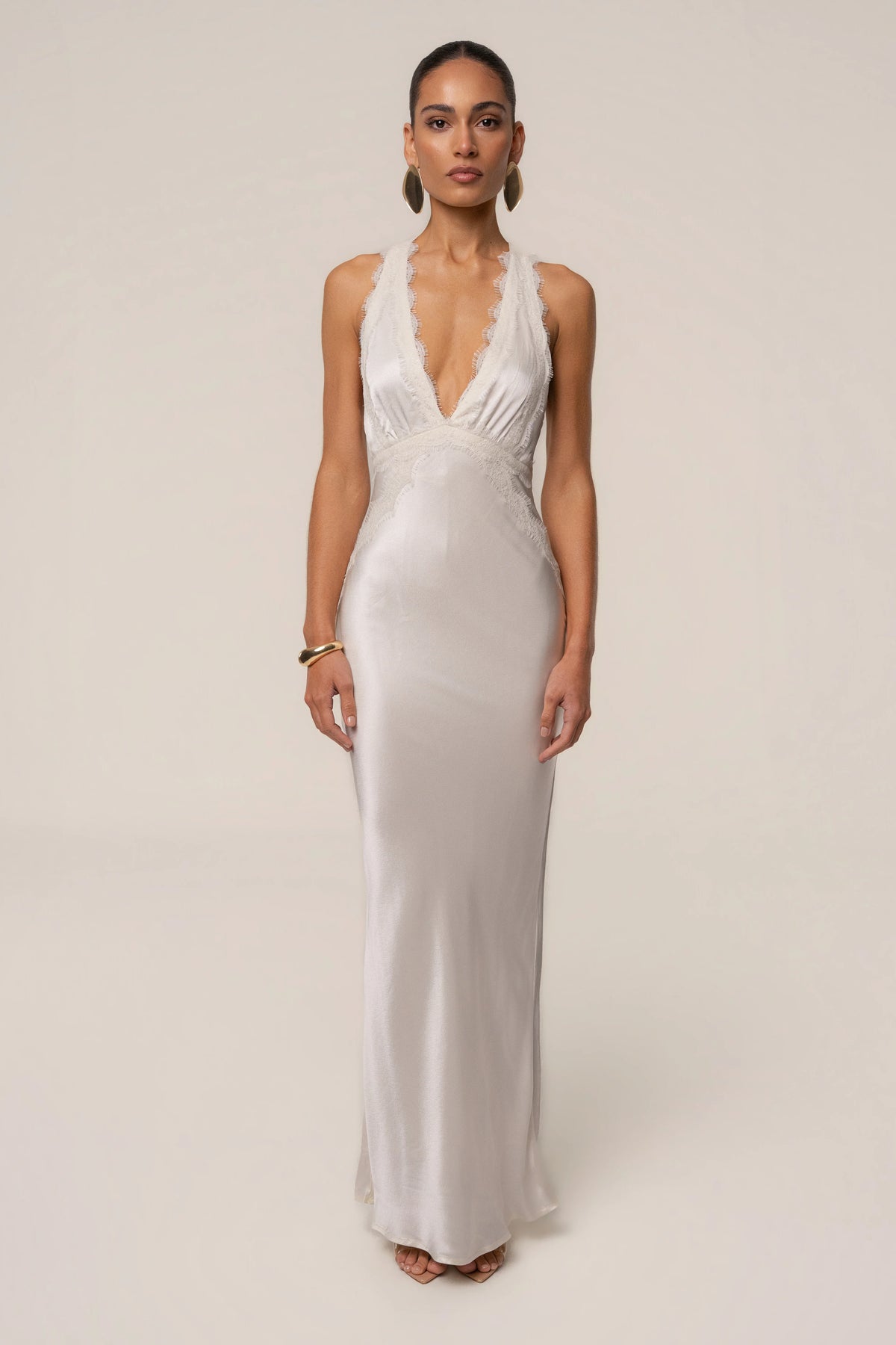 Ivory Satin Maxi Dress | Women's Long Dress Halter Neck 0