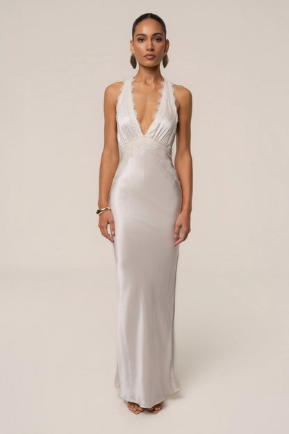 Ivory Satin Maxi Dress | Women's Long Dress Halter Neck 0