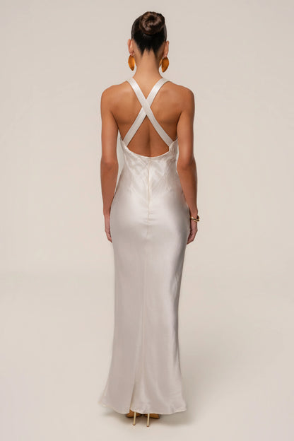 Ivory Satin Maxi Dress | Women's Long Dress Halter Neck 1