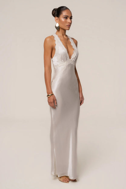 Ivory Satin Maxi Dress | Women's Long Dress Halter Neck 5