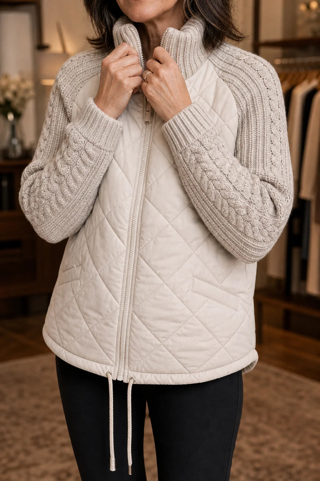 Knitpuff | Quilted Patchwork Puffer Jacket with Knit Panels 1
