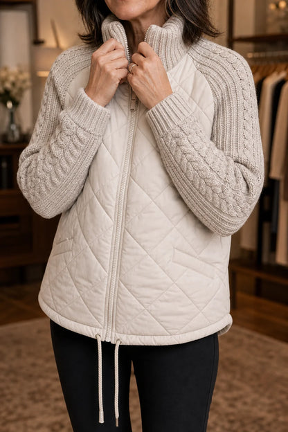 Knitpuff | Women's Long Quilted Puffer Jacket with Knit Panels 1