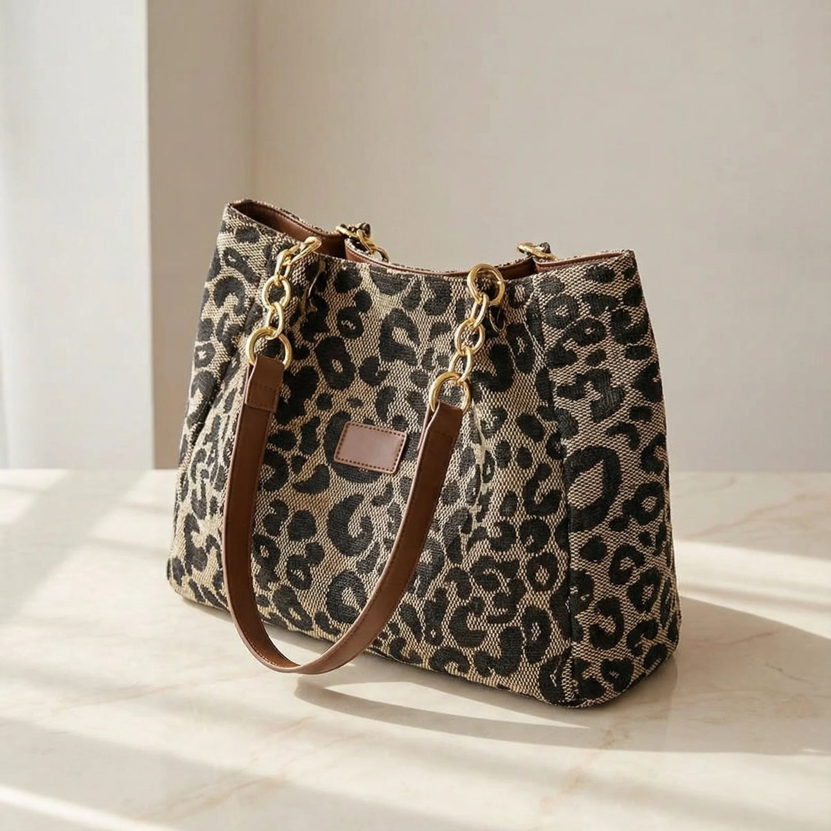 Leopard Print Tote Bag with Chain Detail | Women's Canvas Bag 2
