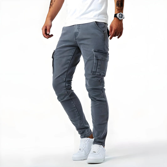 Men's Denim Cargo Pants with Elastic Waistband | Cargo Trousers 0