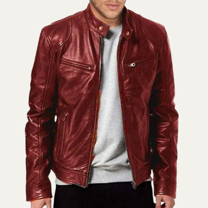 Men's Leather Jacket Burgundy | Tailored Fit Zip Up 0