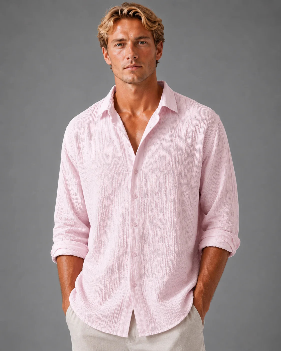Men's Linen Blend Shirt White Classic Button Front 0
