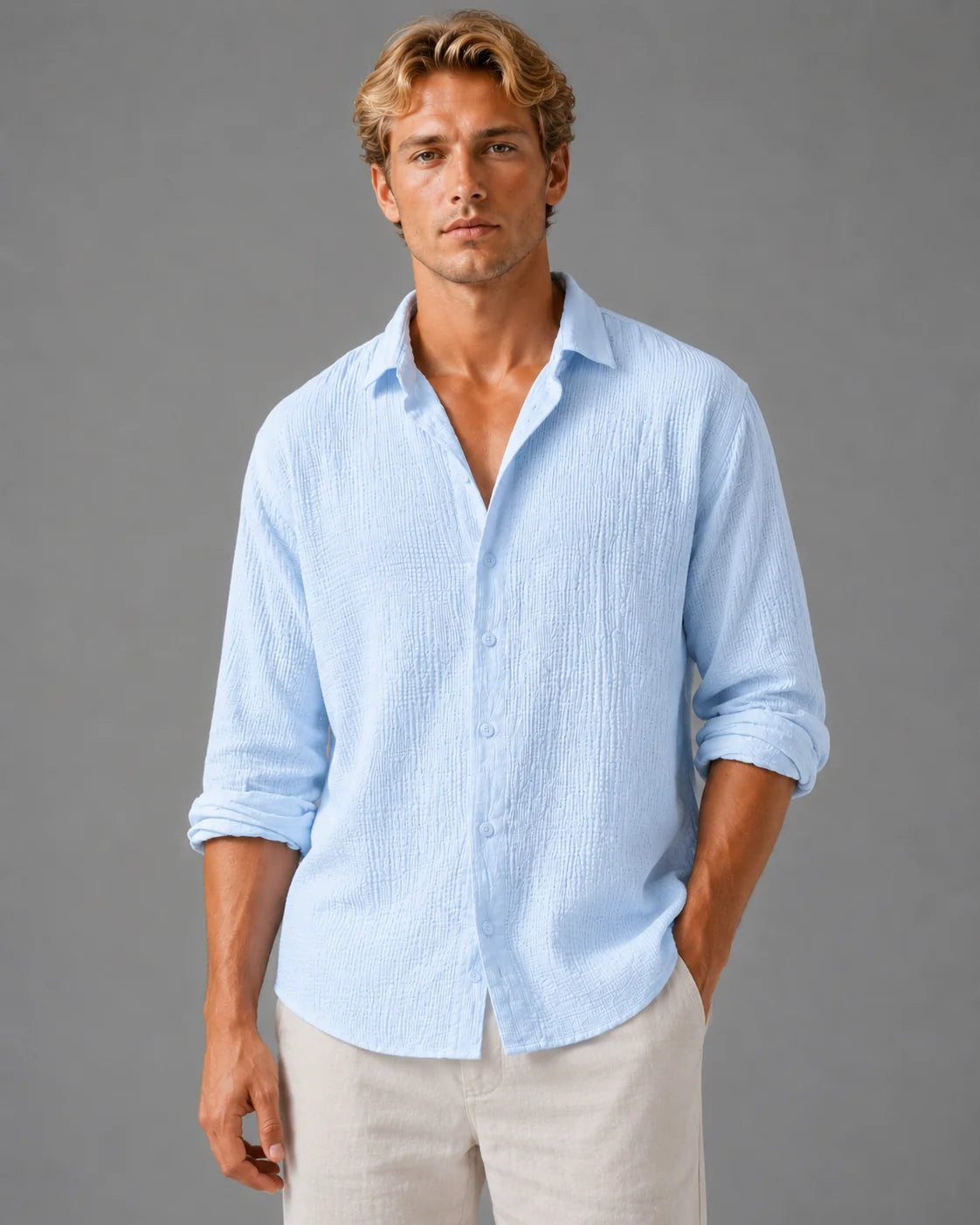 Men's Linen Blend Shirt White Classic Button Front 3