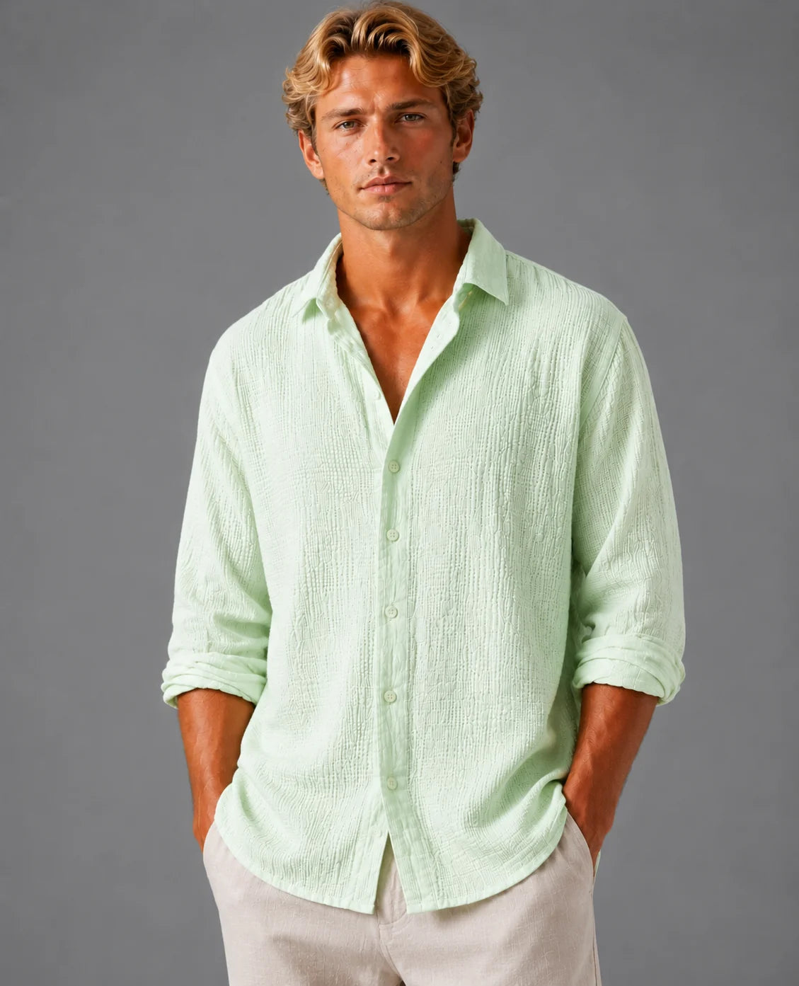 Men's Linen Blend Shirt White Classic Button Front 4