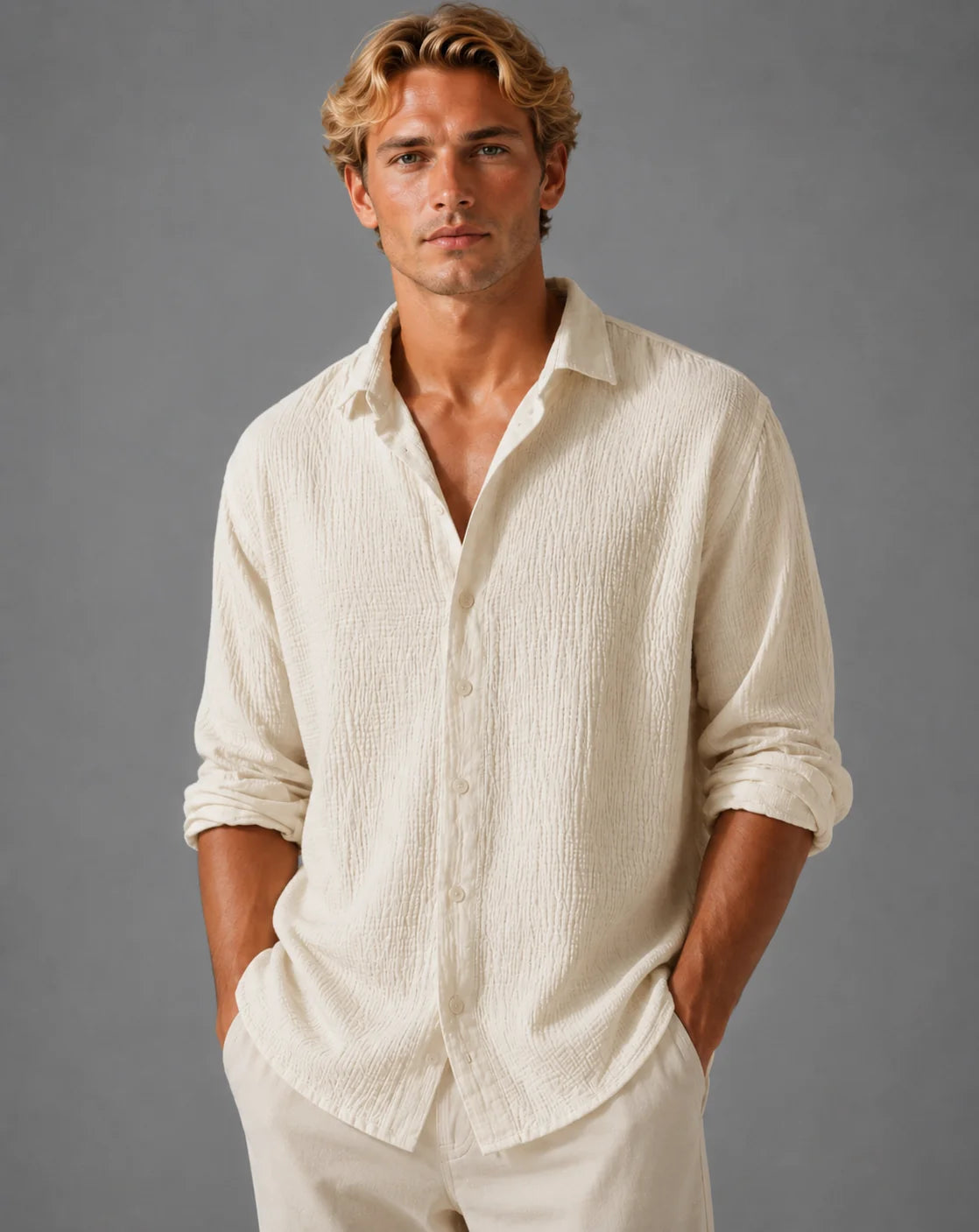 Men's Linen Blend Shirt White Classic Button Front 5