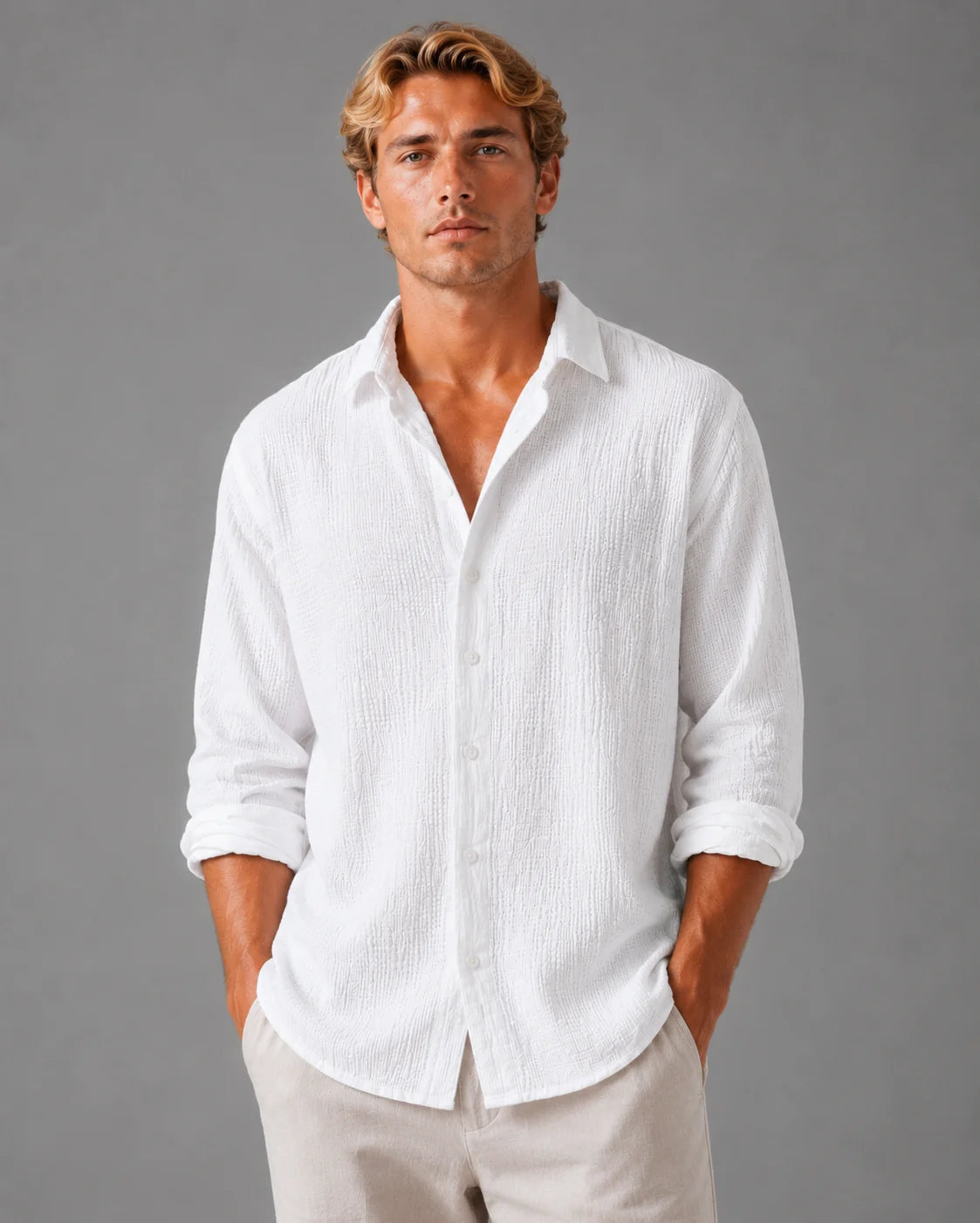 Men's Linen Blend Shirt White Classic Button Front 6