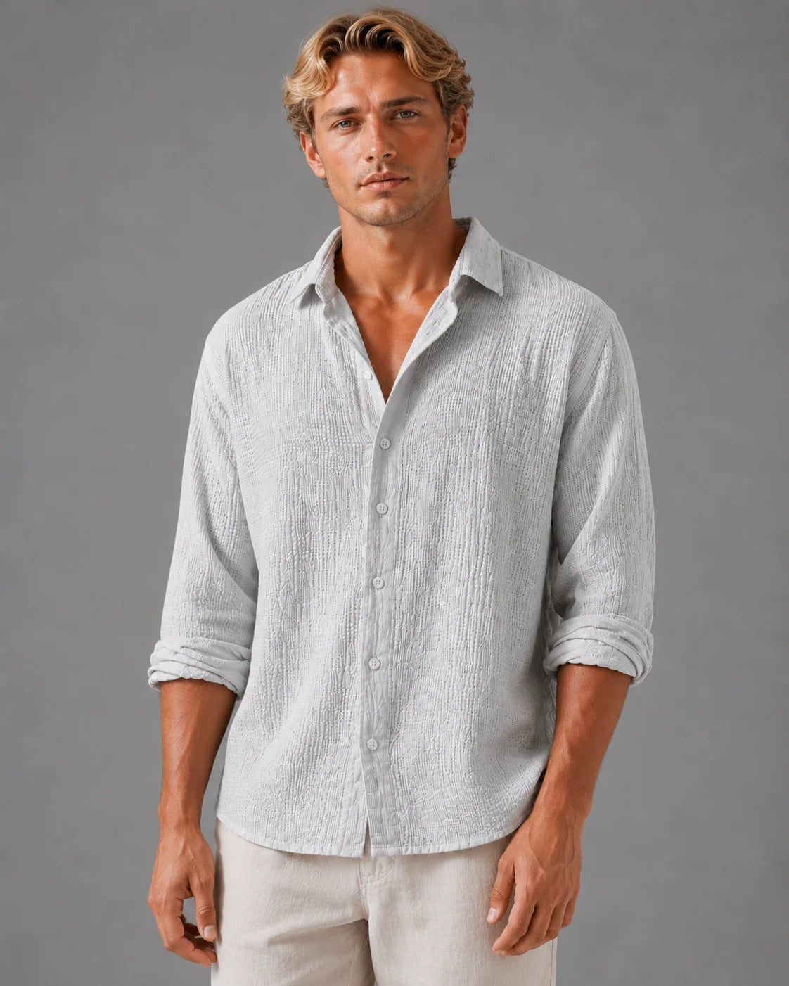 Men's Linen Blend Shirt White Classic Button Front 7