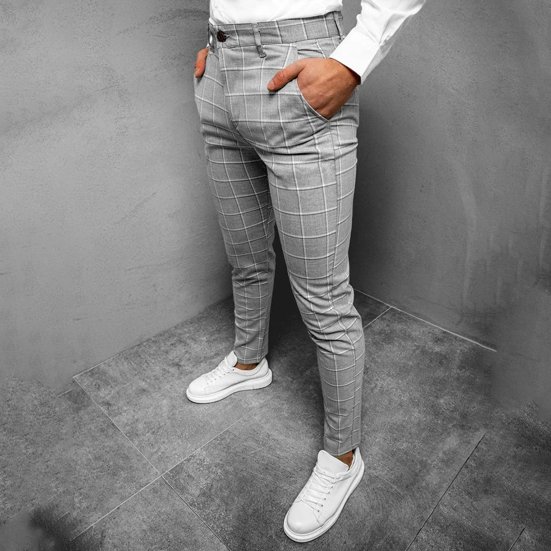 Men's Slim Tapered Plaid Chinos | Men's Trousers Ankle Length 3