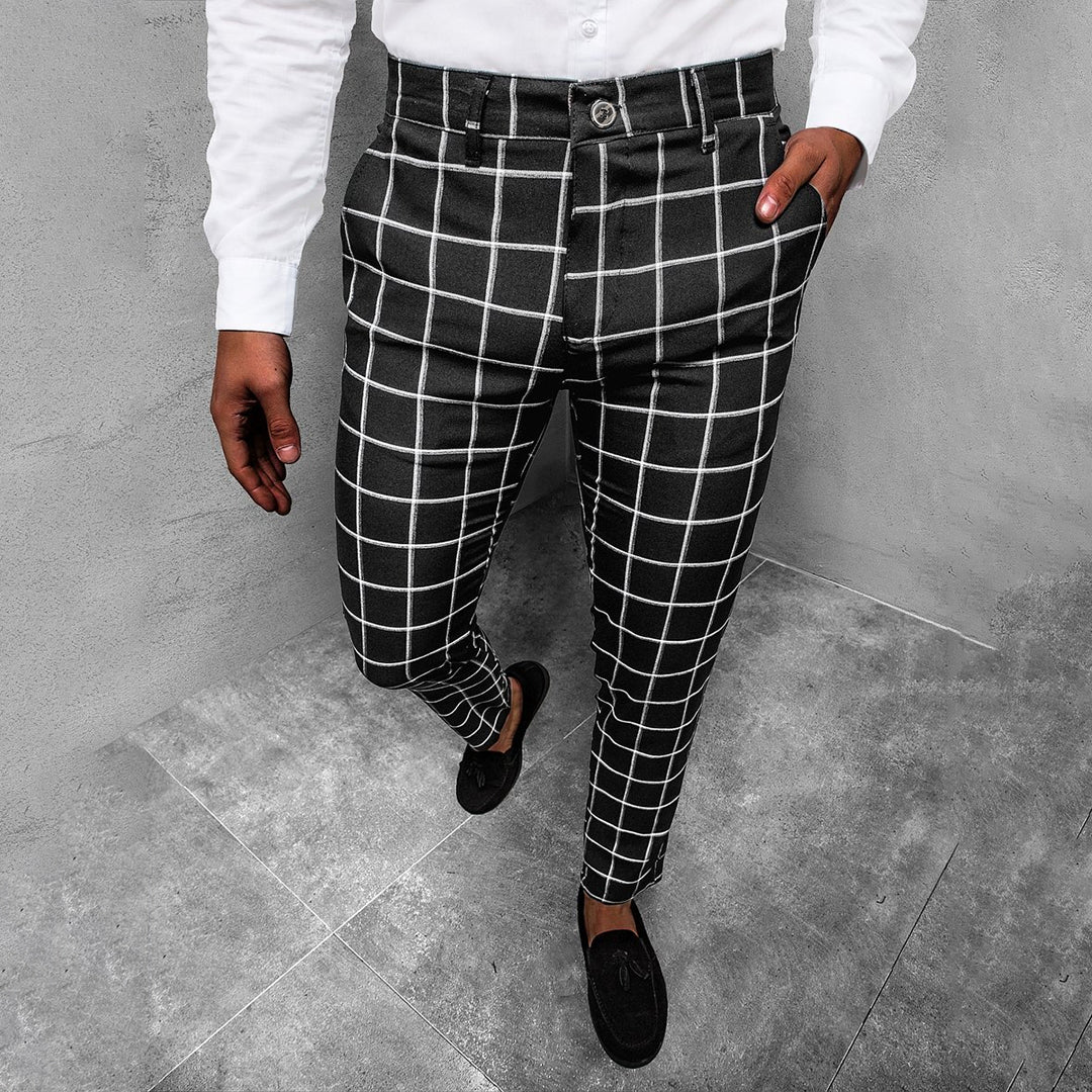 Men's Slim Tapered Plaid Chinos | Men's Trousers Ankle Length 4