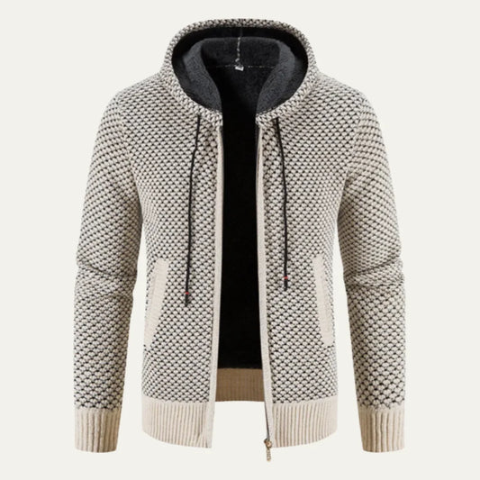 Men's Textured Zip-Up Hoodie Cream | Fleece Lined Sweatshirt 0