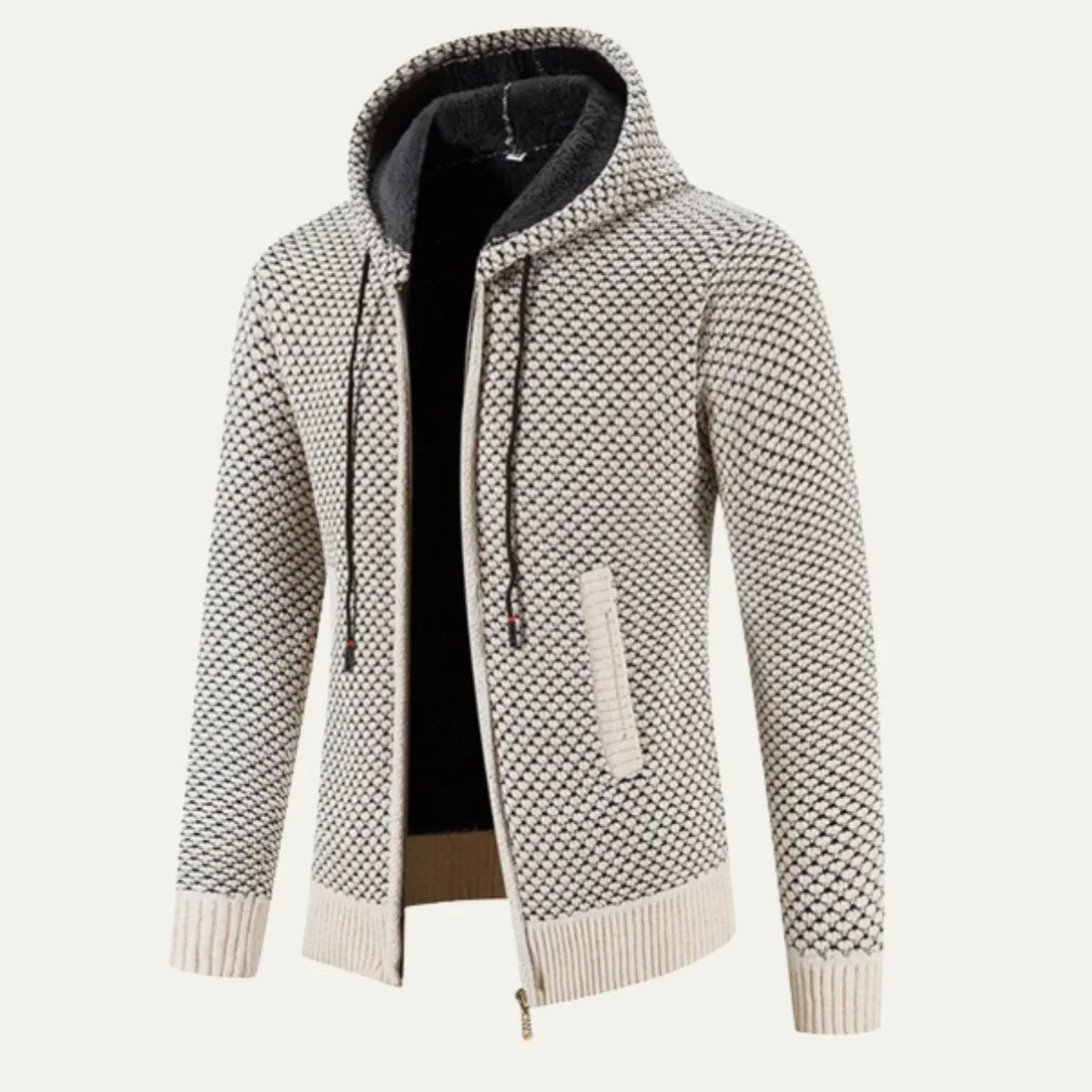 Men's Textured Zip-Up Hoodie Cream | Fleece Lined Sweatshirt 4