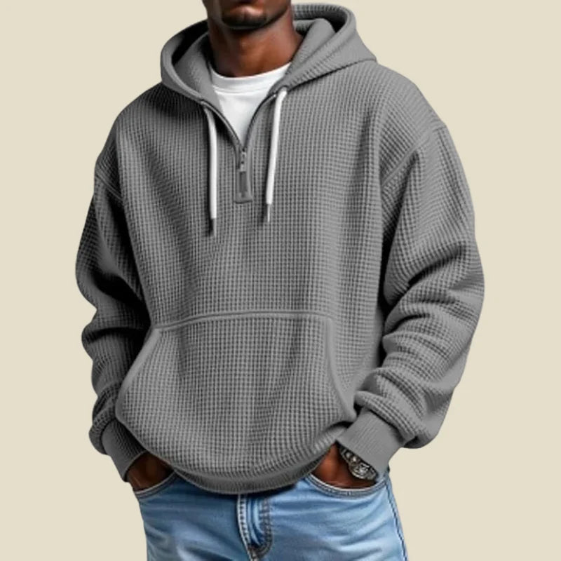 Men's Waffle Knit Quarter Zip Hoodie | Relaxed Fit Sweatshirt 2