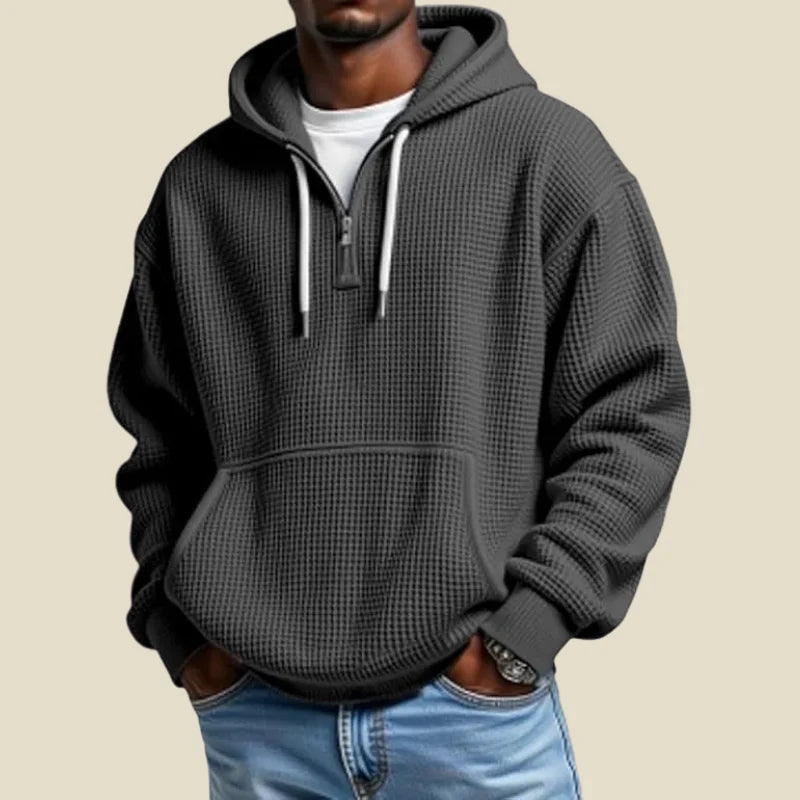 Men's Waffle Knit Quarter Zip Hoodie | Relaxed Fit Sweatshirt 4