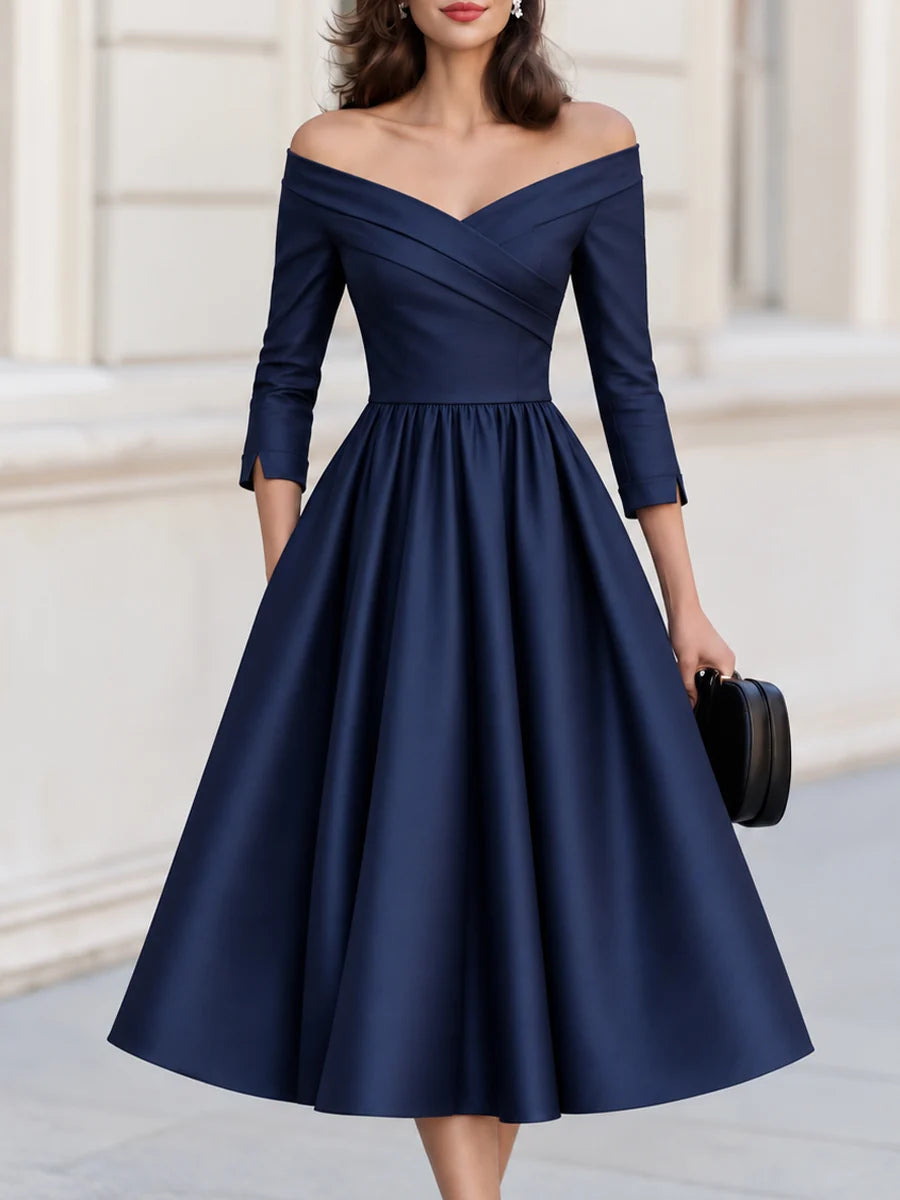 Off Shoulder Fit and Flare Midi Dress Navy 0