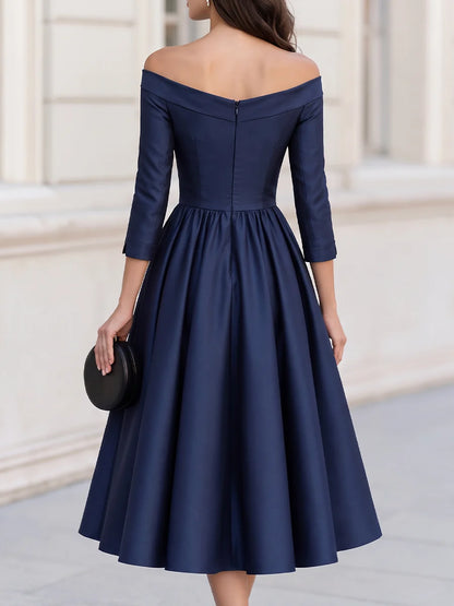 Off Shoulder Fit and Flare Midi Dress Navy 1
