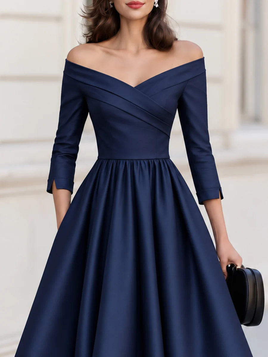 Off Shoulder Fit and Flare Midi Dress Navy 2