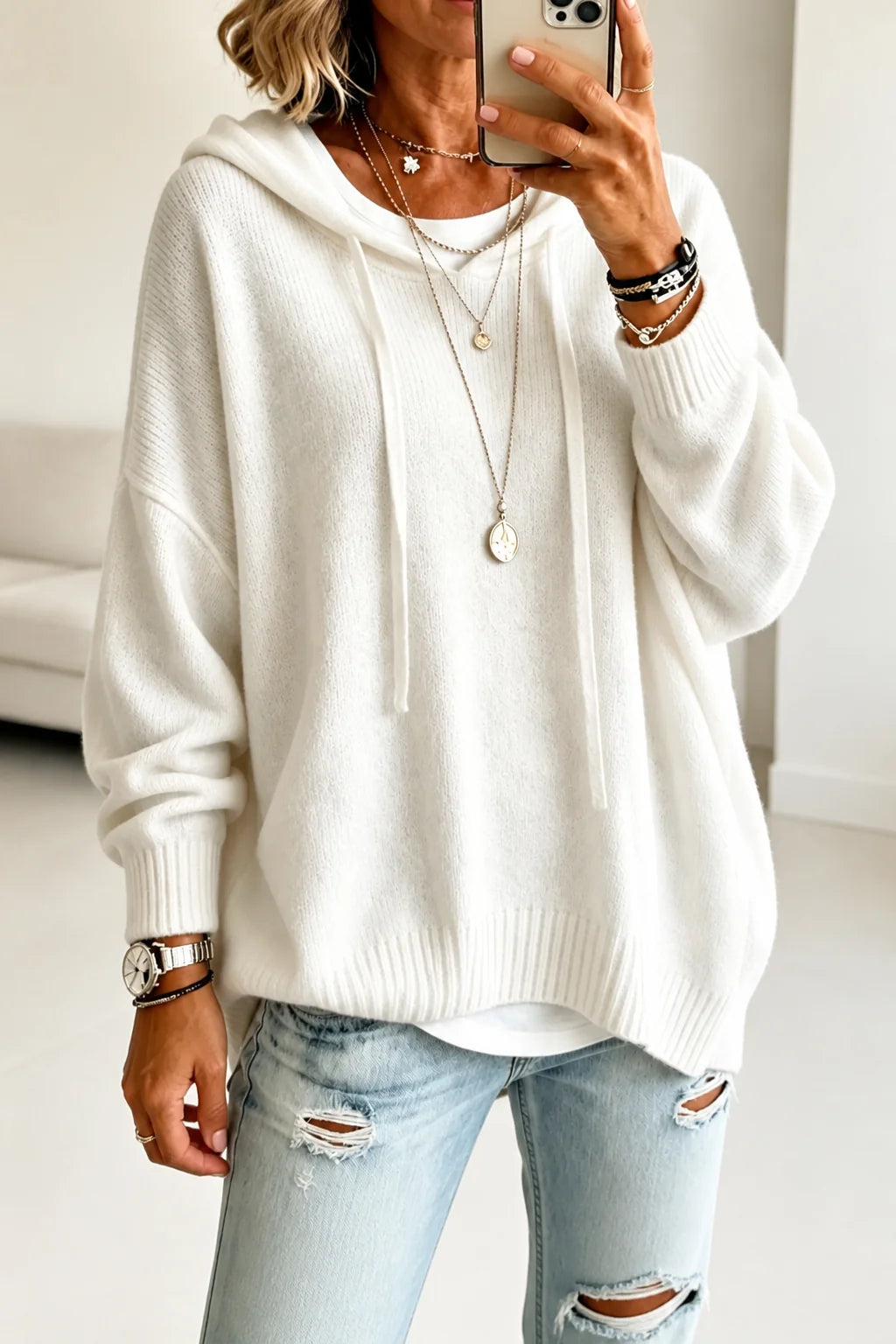 Oversized Hooded Knit Sweater | Women's Relaxed Fit Pullover 0