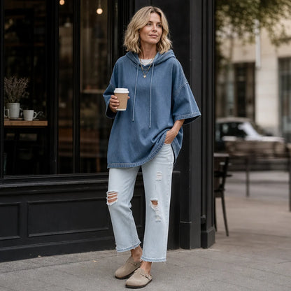 Oversized Washed Denim Look Hooded Pullover | Women's Hoodie 4