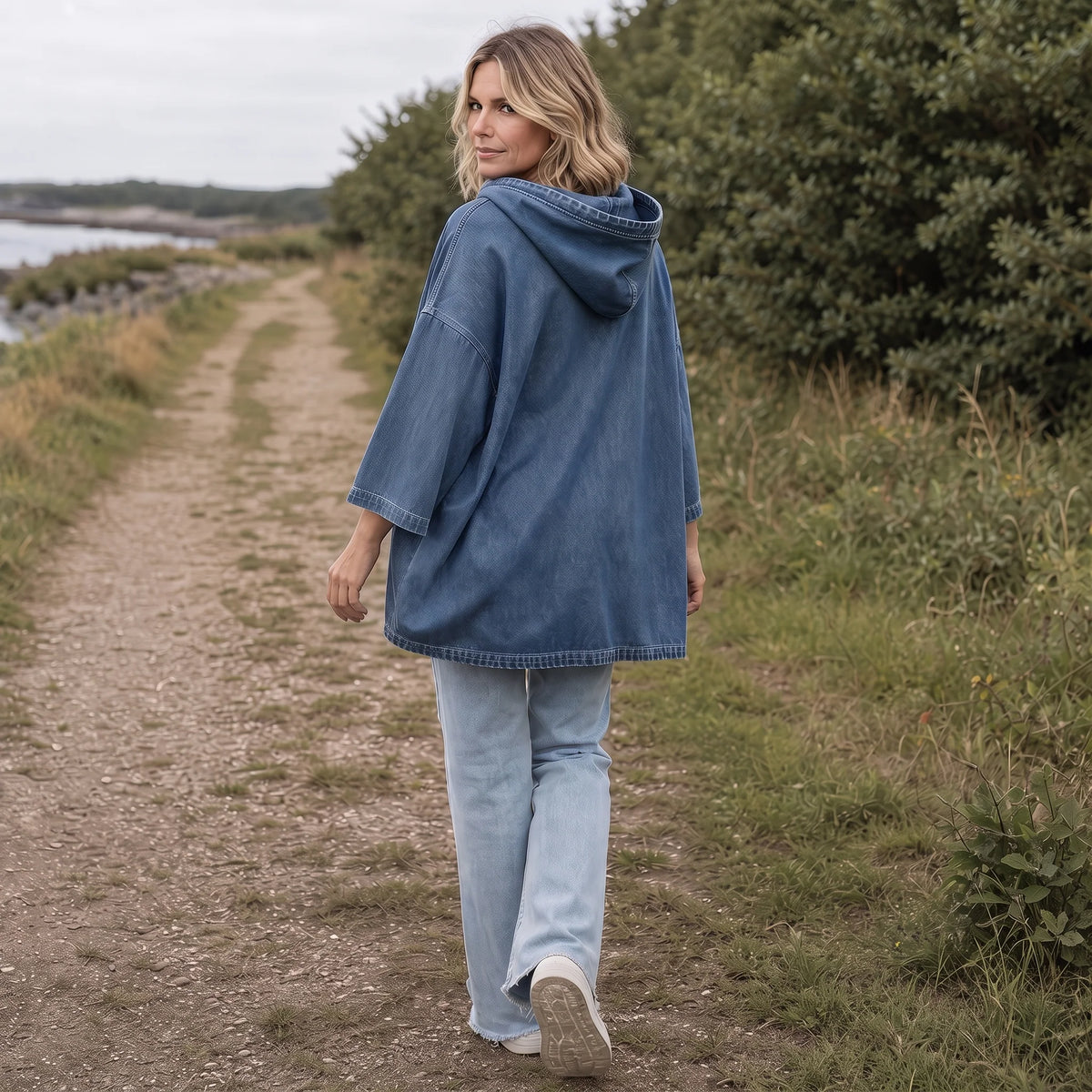 Oversized Washed Denim Look Hooded Pullover | Women's Hoodie 5