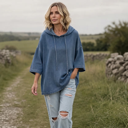 Oversized Washed Denim Look Hooded Pullover | Women's Hoodie 6